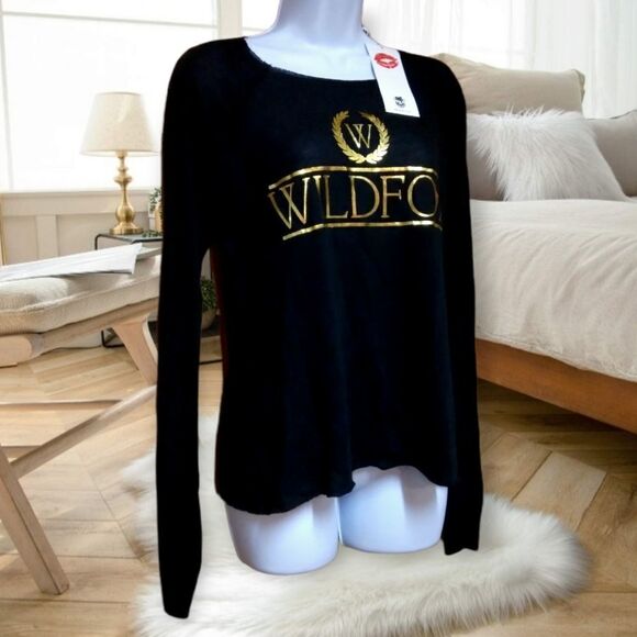 WILDFOX COUTURE GOLD CRESTED WILDFOX LOGO BLACK LONG SLEEVE LIGHTWEIGHT SWEATER - Picture 6 of 13